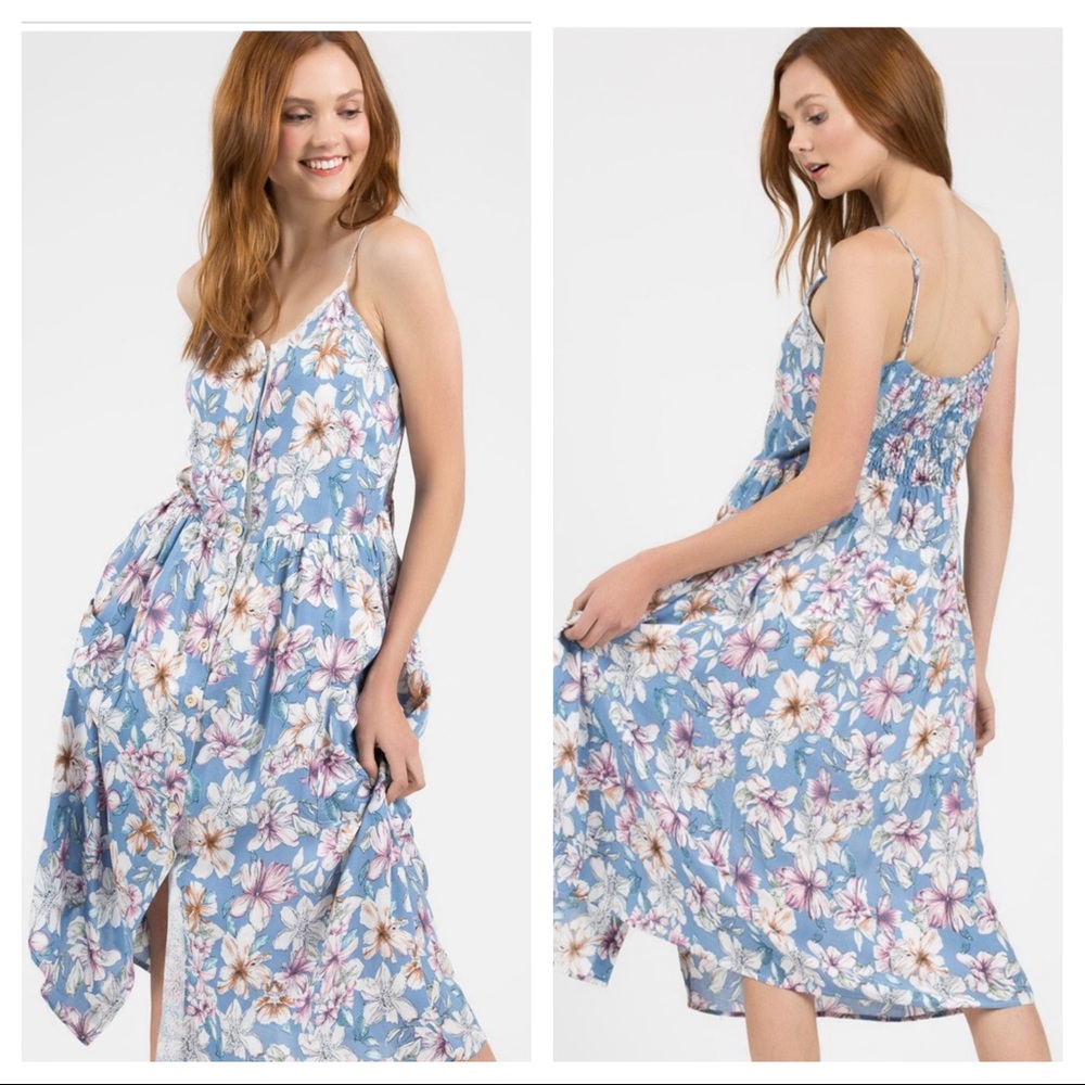 Sky Blue Floral Button Up tank top midi Dress